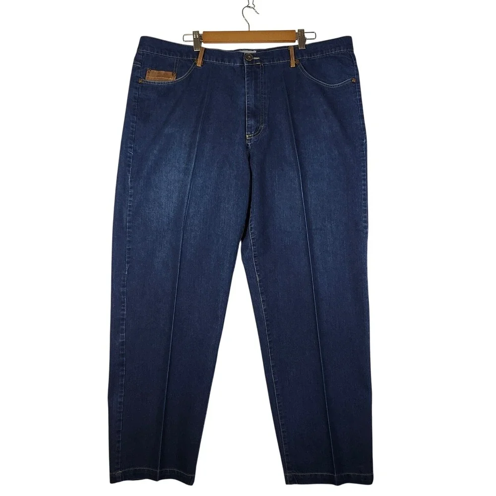 Stacy Adams Mens Dark Wash Denim Jeans 42x32 Classic Pleated Front Tan Accents